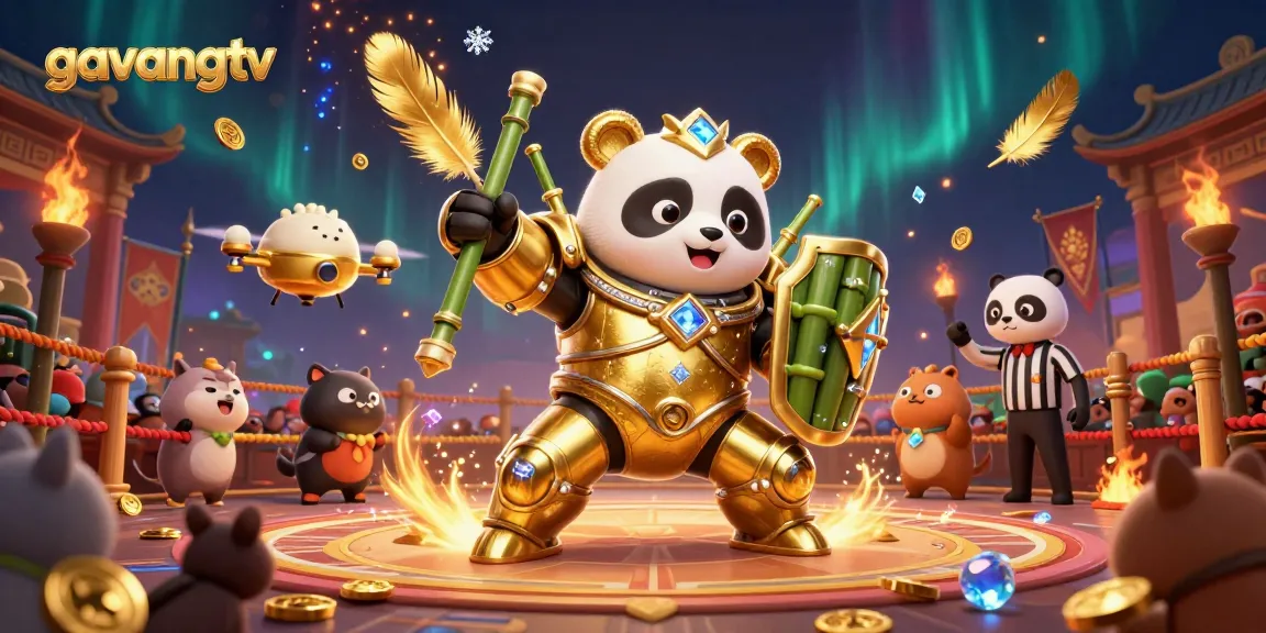 Bet on excitement with gavangtv featuring a golden panda battling in a vibrant casino arena.