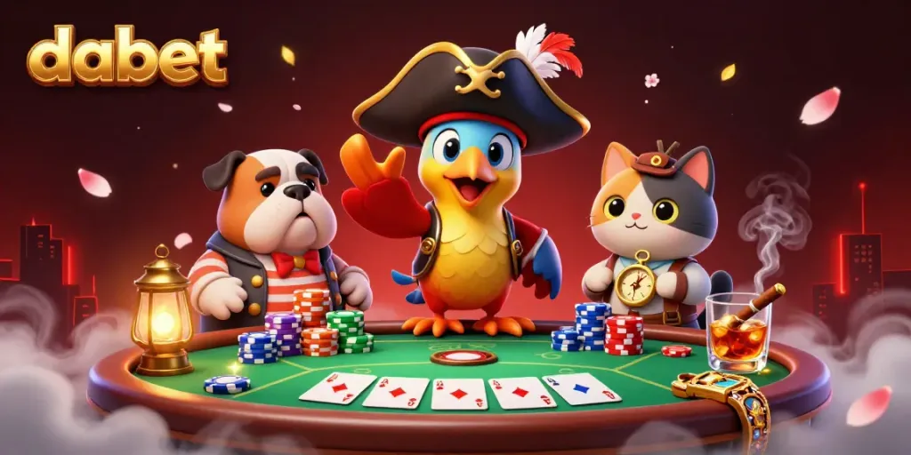 Dabet's pirate scene depicts a dynamic poker game with vibrant elements and characters engaging in thrilling action.