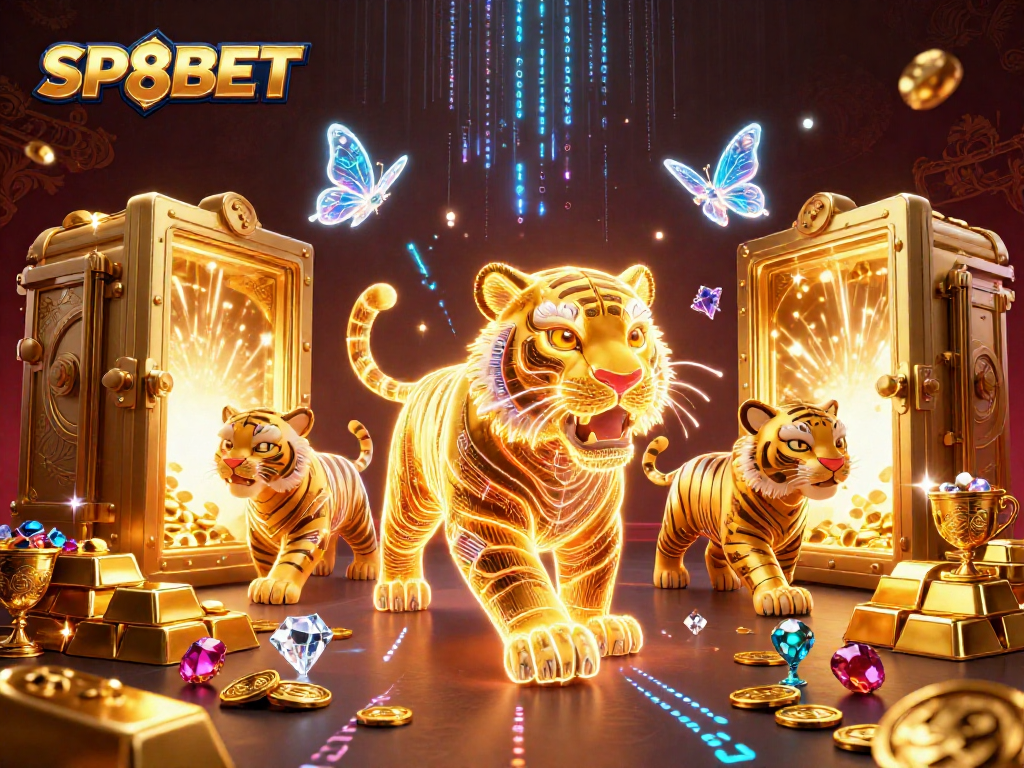 Engage with SP8BET's vibrant casino landscape featuring a neon wireframe tiger amidst scattered treasures.