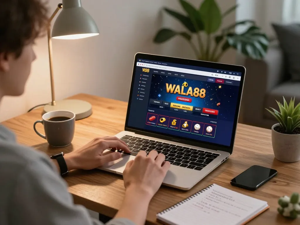 Engaging in strategic online betting at WALA88 with a laptop and coffee, showcasing a modern home setup.