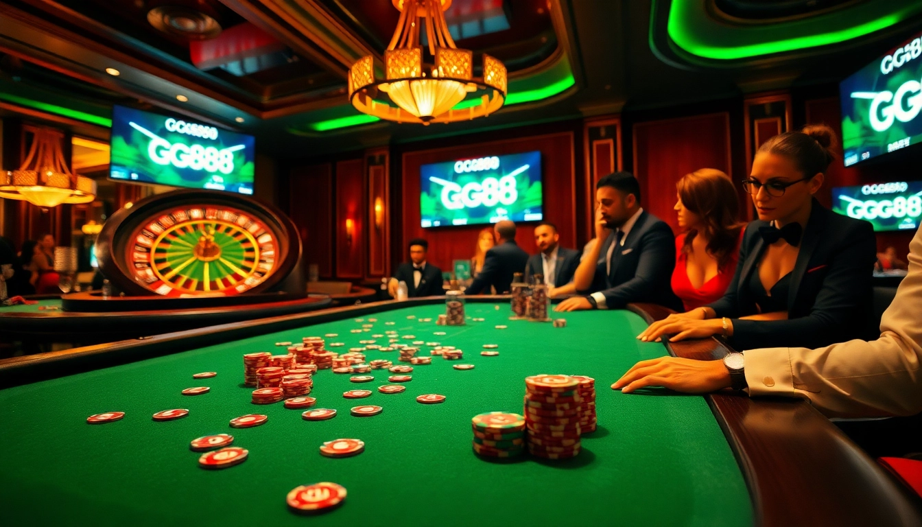 Players engaging in excitement at gg88 casino tables under elegant lighting.