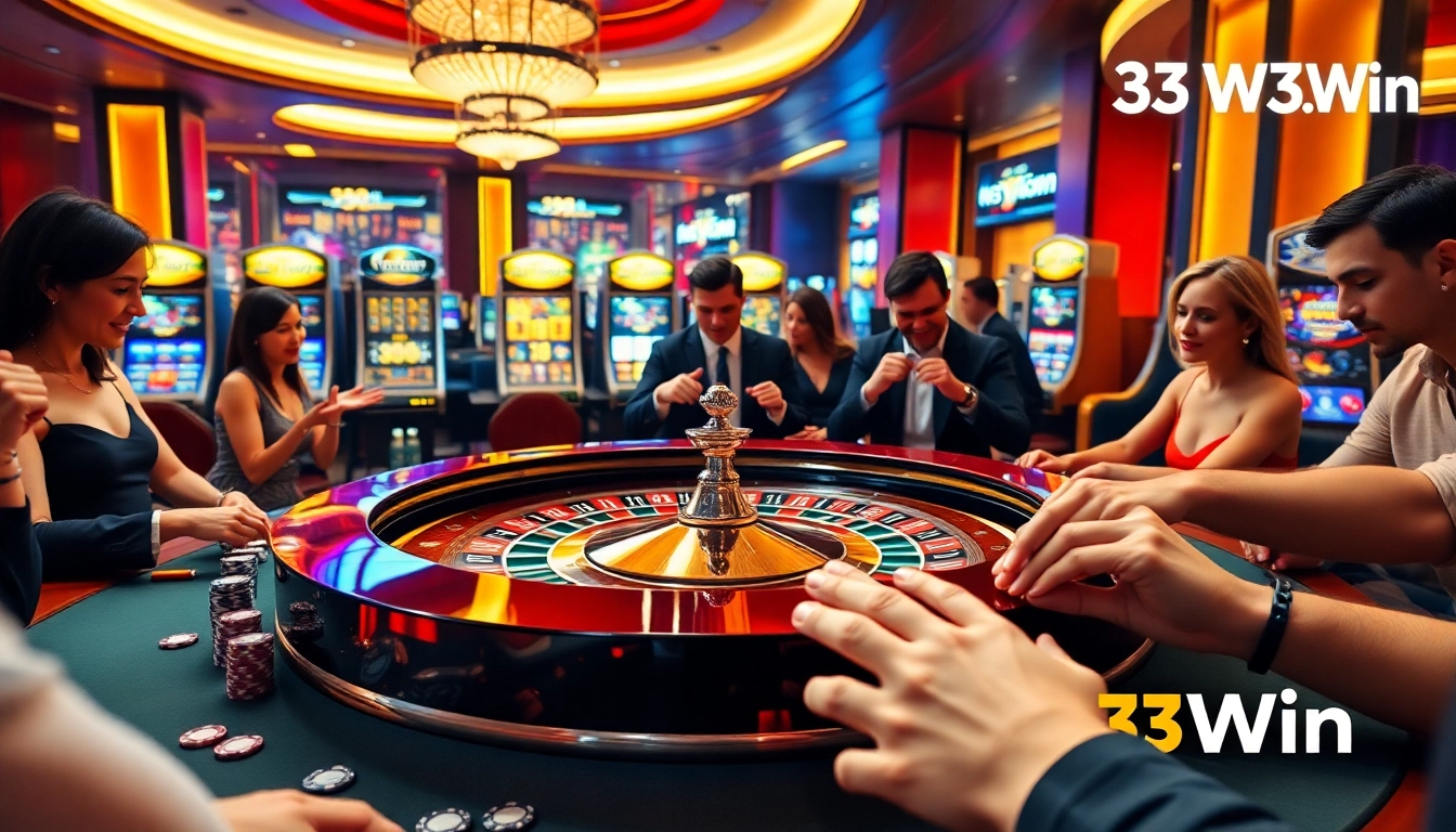 Players engaged in high-stakes betting at 33Win casino tables, surrounded by vibrant slot machines.