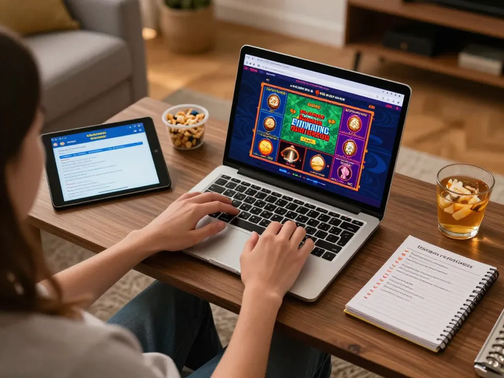 Player exploring 68win online casino games strategically from a cozy home setup.