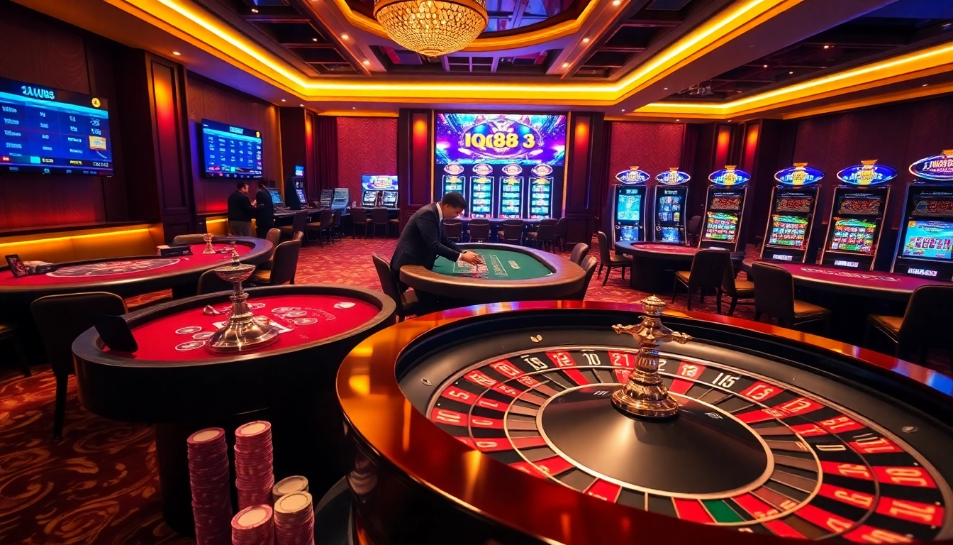 Gambling at IQ88 online casino with vibrant tables, cards, and live betting.