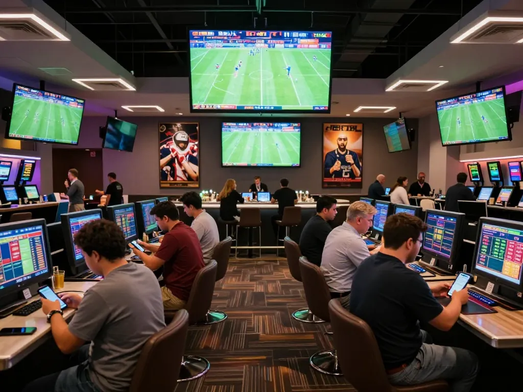 Patrons actively engaging in sports betting with their smartphones at an upscale betting lounge in a modern casino, capturing the energy and excitement of nowgoal.
