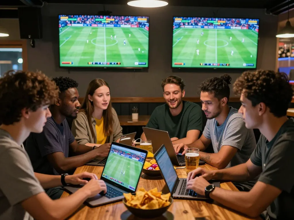 Friends discussing soccer predictions in a lively sports bar setting.