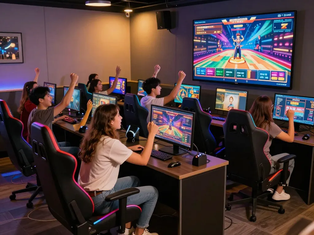 Sunwin online gaming experience with diverse friends engaged in exciting casino games in a vibrant lounge.