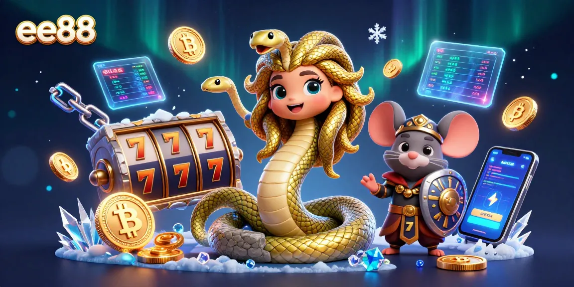 Experience exciting betting adventures with ee88 in this vibrant 3D casino scene featuring Medusa and a warrior mouse.
