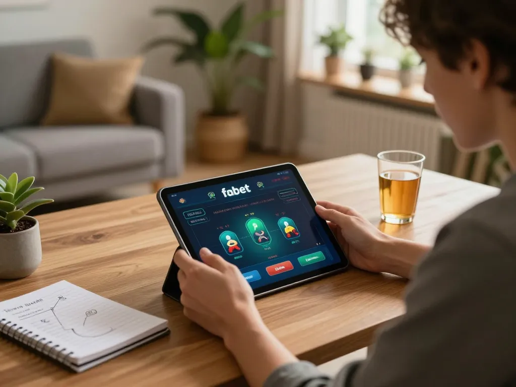 Engaged player using fabet app on tablet for online gambling strategy in cozy setting