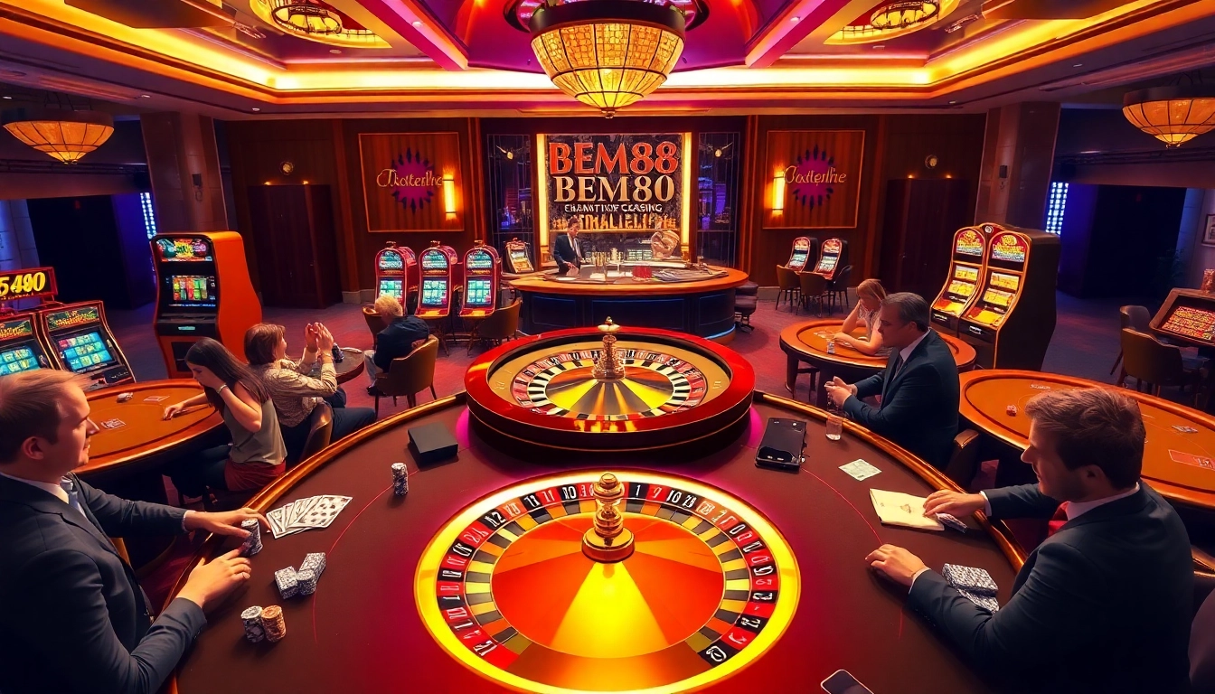 Experience thrilling moments at BEM88 casino, featuring poker tables and exciting games.