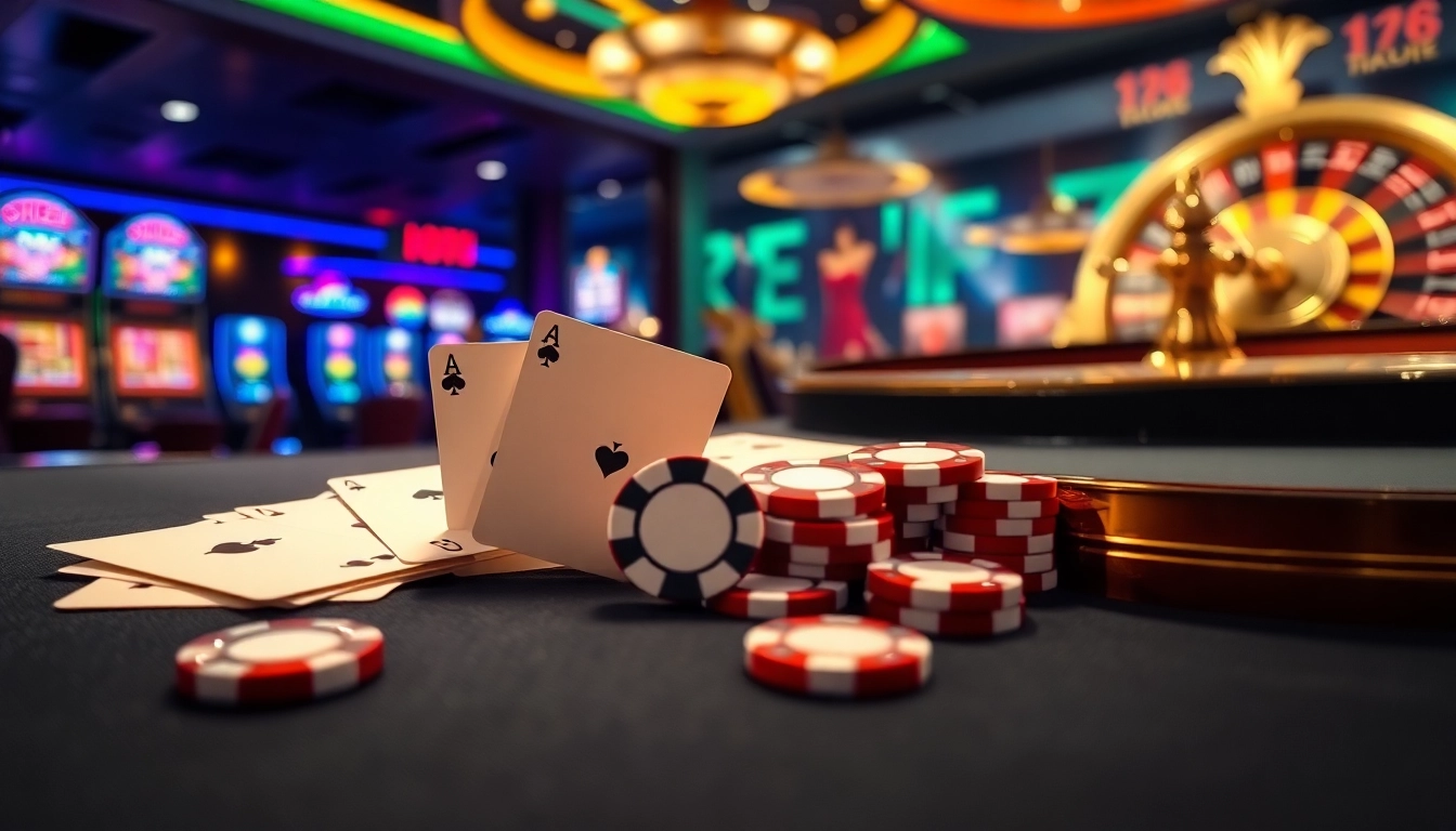 Experience the thrill of online gambling with a vibrant casino scene at https://tr88vip.co.com/ featuring poker chips and a roulette wheel.