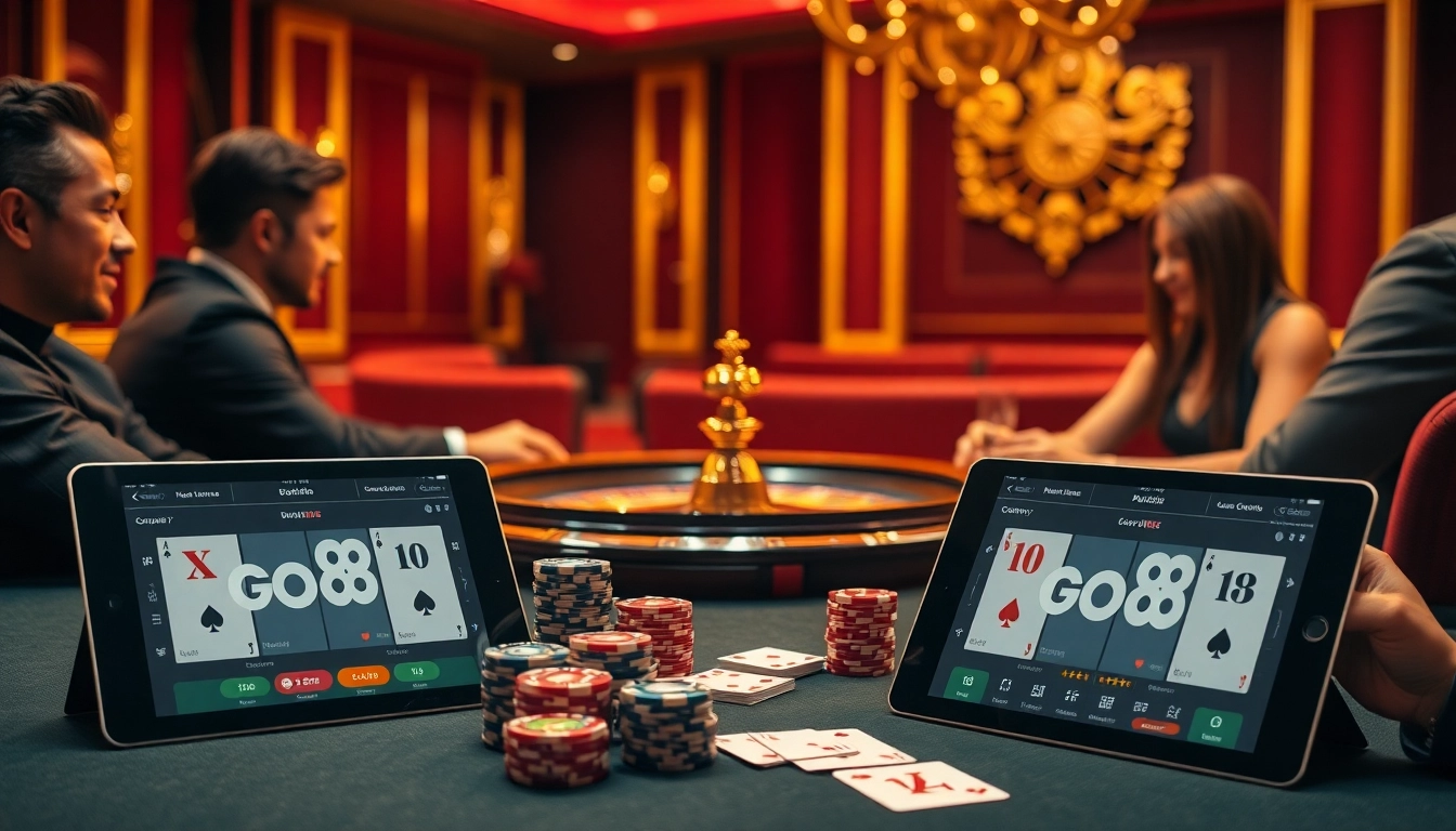 Players enjoying online games and poker at the go88 casino, showcasing excitement and luxury.