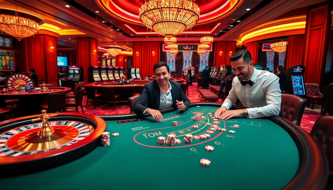 Red88 baccarat table featuring players engrossed in the game, showcasing excitement and luxury.