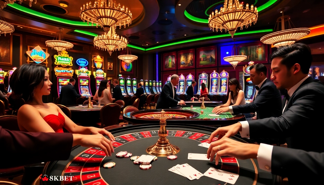 Casual players engaging at a luxurious casino table at 8KBET, showcasing vibrant gaming action and excitement.
