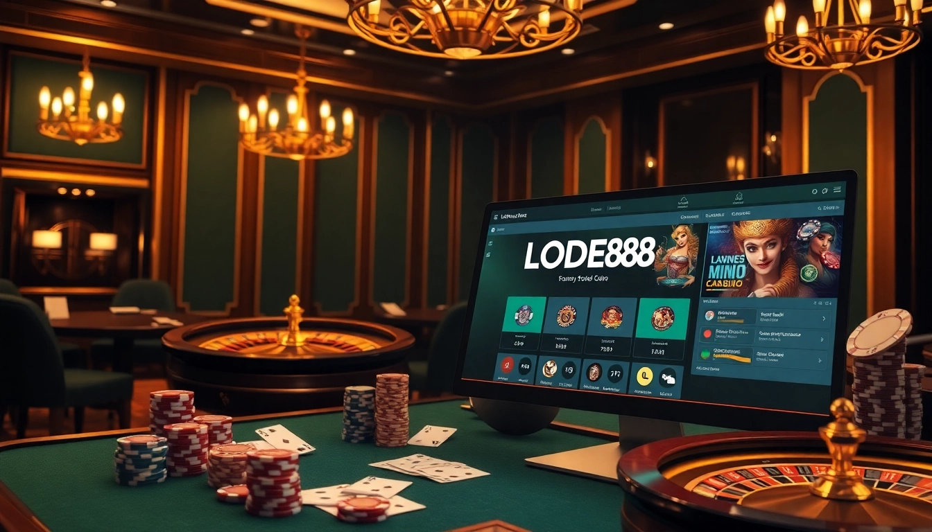 Engaging online gambling scene showcasing LODE88's interactive platform with poker chips and roulette wheels.