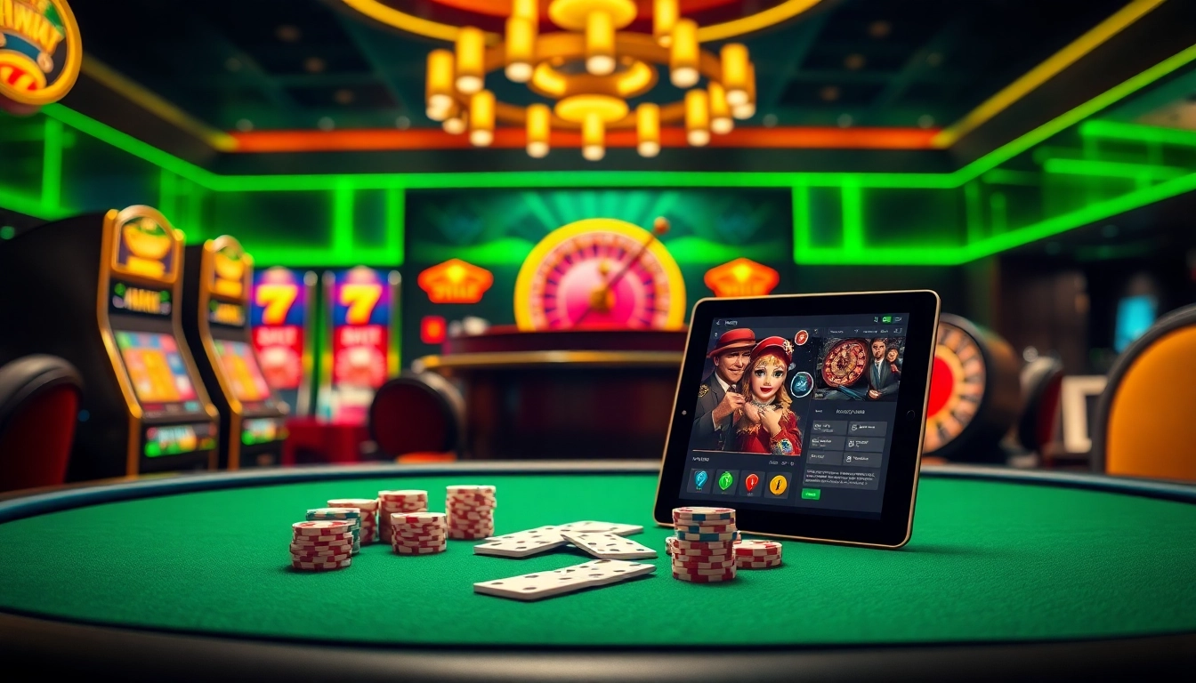 A vibrant casino scene showcasing the thrill of online betting at https://789pa.in.net/ with poker chips and slot machines.