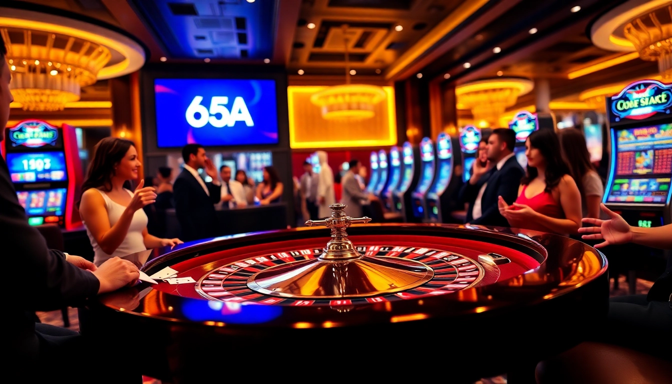 Players enjoying a thrilling game at 65A casino with vibrant roulette table and colorful chips.