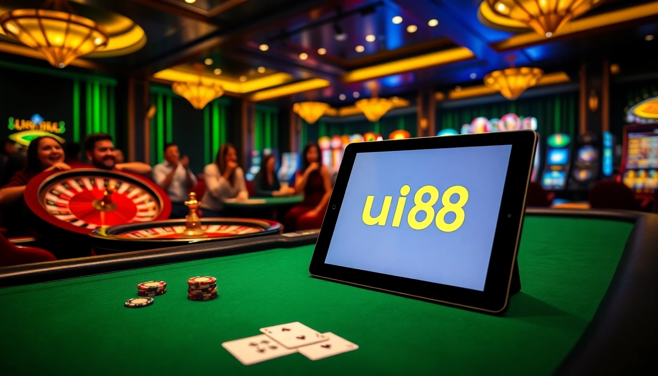 Exciting poker game scene with uu88 branding, vibrant roulette wheel, and gaming tablets.