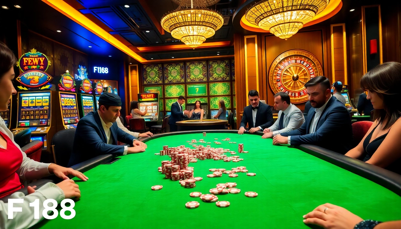 F168 players enjoying a dynamic poker game in a luxurious casino setting.