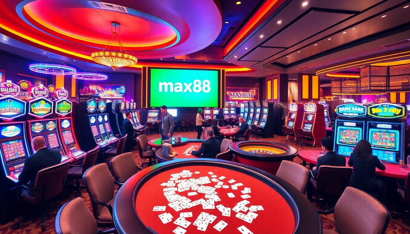 Players enjoying their excitement at max88 casino, with vibrant slot machines and poker tables.