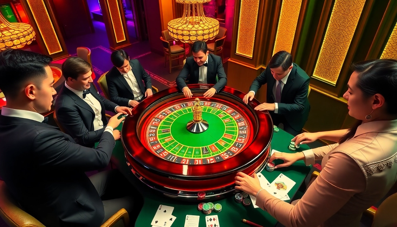 Excited players engage in strategic bets at the NK88 roulette table in a luxurious casino setting.