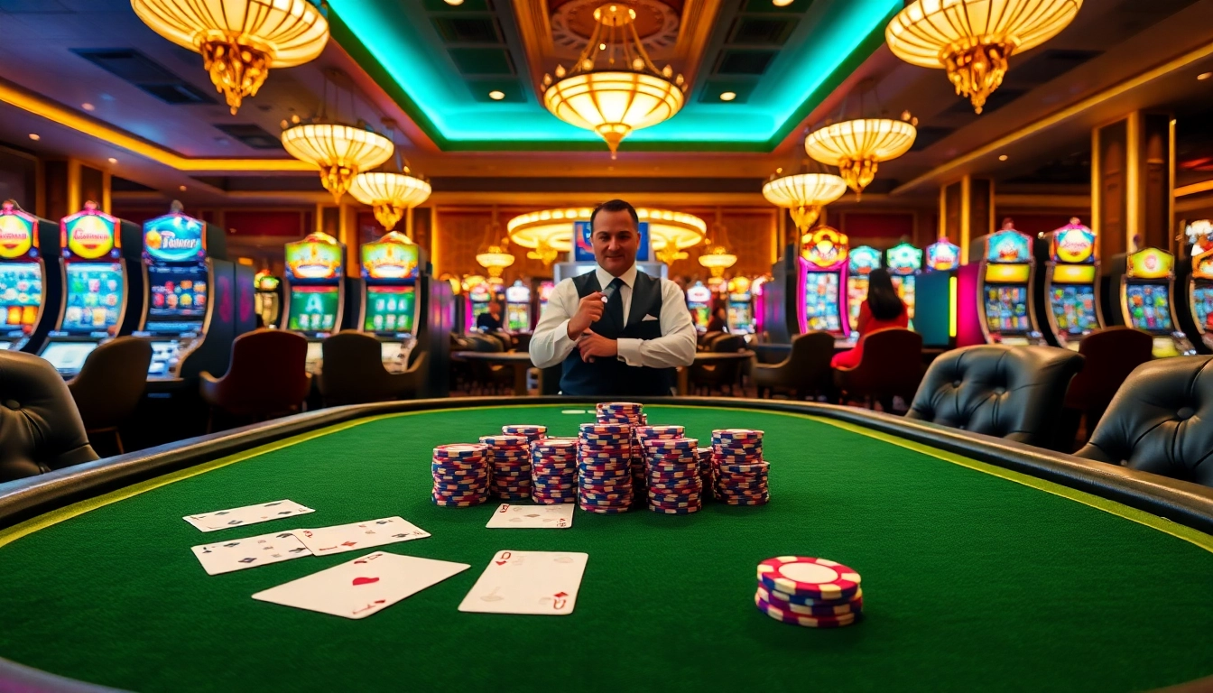 ZK88 casino scene featuring a luxury poker table and vibrant slot machines in an upscale setting.