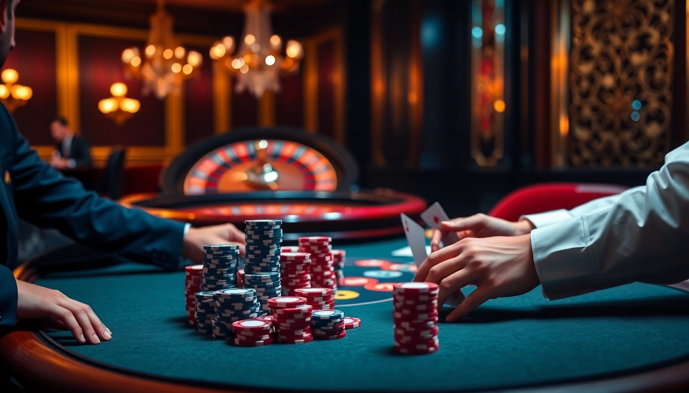 Players engaging in a thrilling poker game at loto188.gb.net with luxurious casino atmosphere.