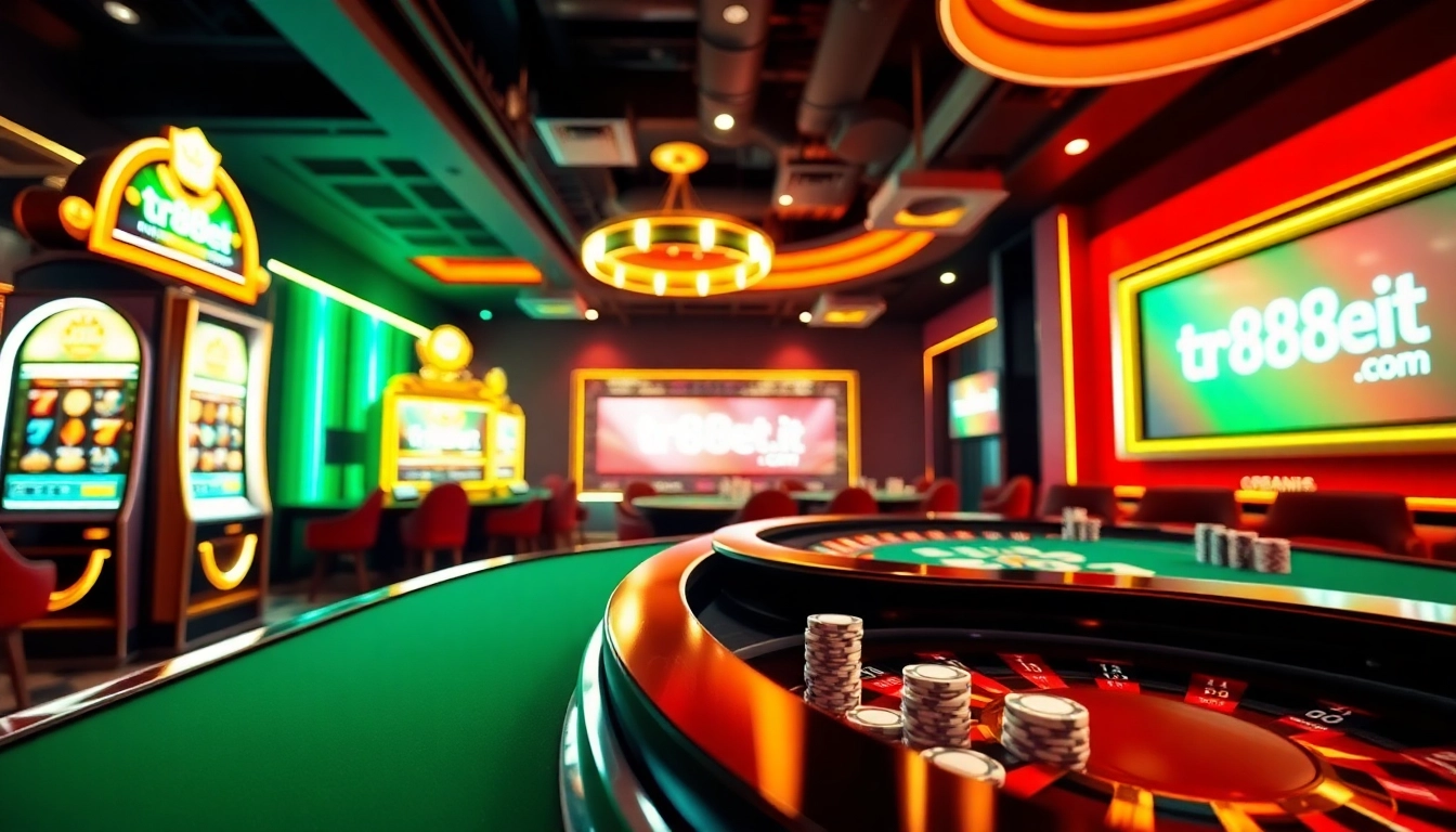 Experience excitement with tr88bet.it.com at a luxurious online casino featuring slot machines and poker tables.