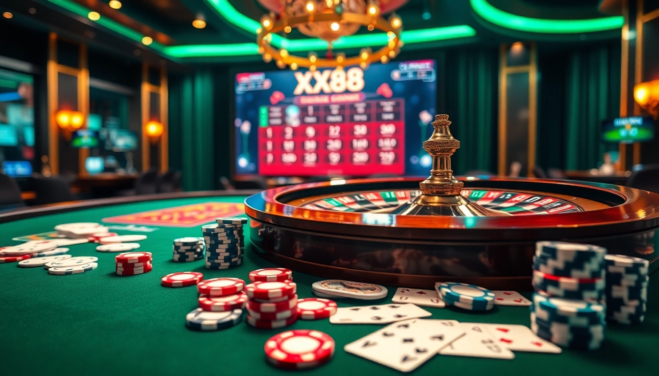 Experience the thrill of casino gaming at https://xx88.se.net/ with roulette, poker chips, and vibrant betting tables.