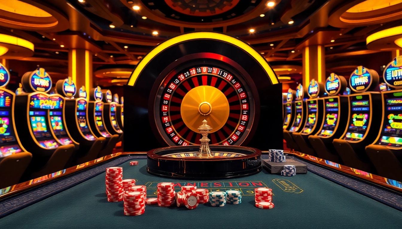 Engaging casino scene representing uu88 with vibrant gambling tables, poker chips, and lively slot machines.