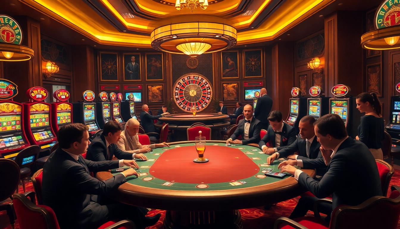 Players engage in high-stakes poker at S8 casino, surrounded by vibrant slot machines and roulette.