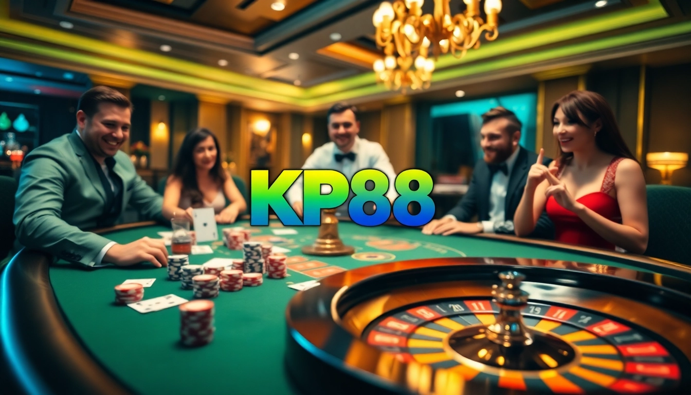 KP88 branded poker table showcasing high-stakes excitement and professional gambling atmosphere
