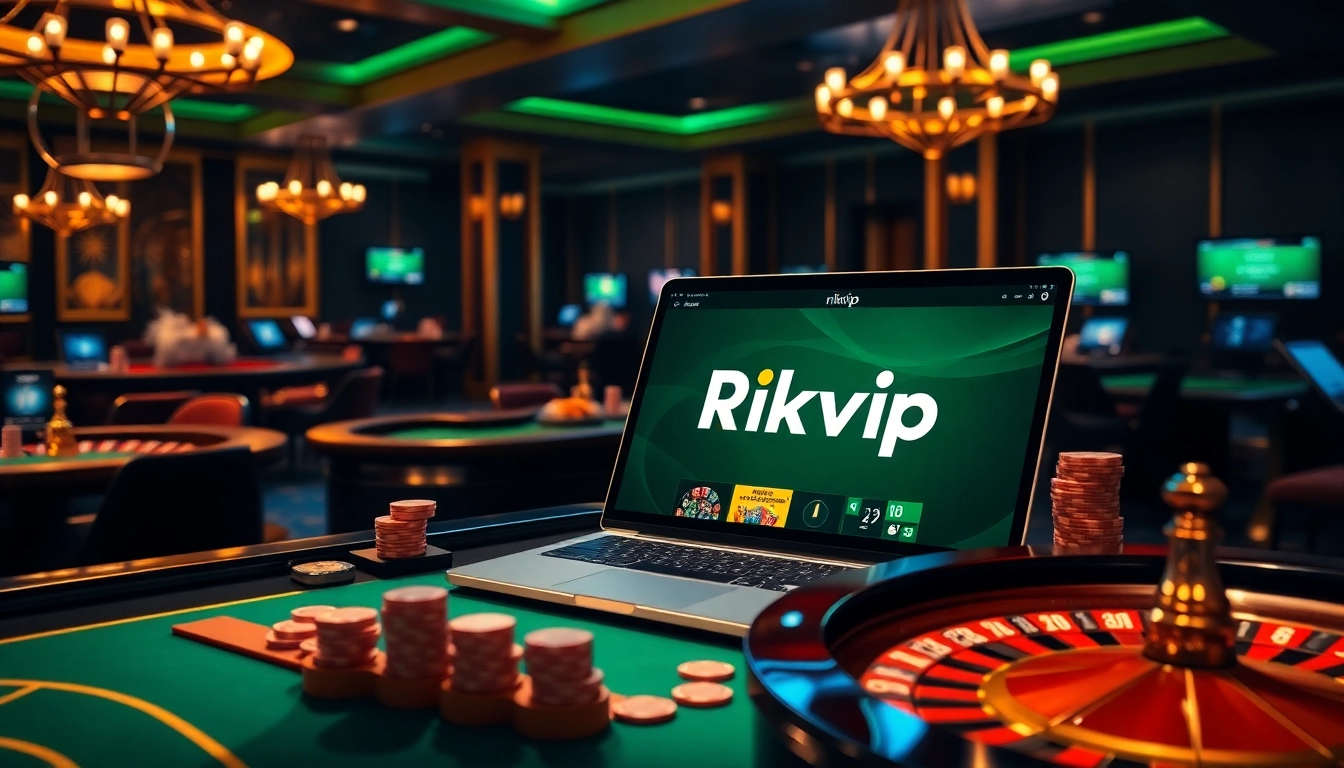 Engaged players using Rikvip for online gambling at a luxury casino setting.