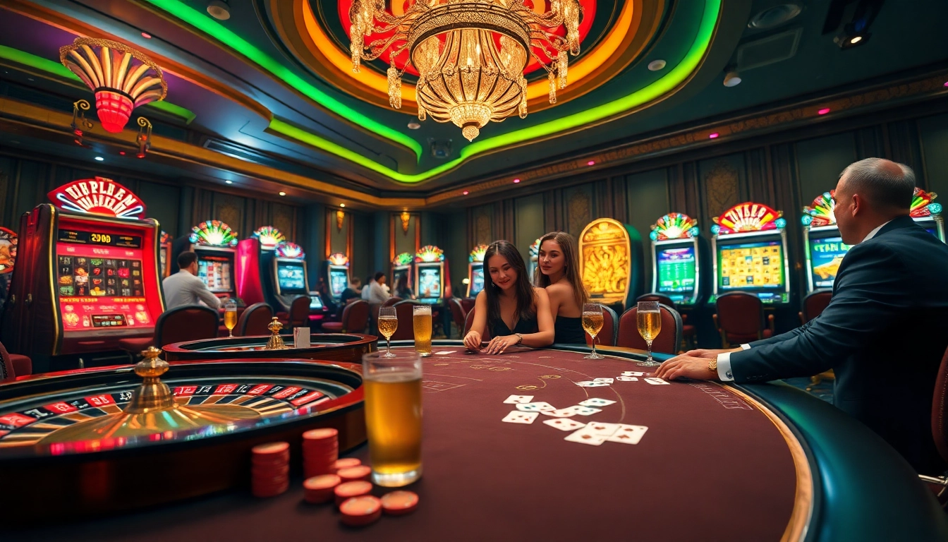 Experience the thrill of gambling at https://go999.in.net/ with an elegant casino scene featuring slot machines and poker tables.