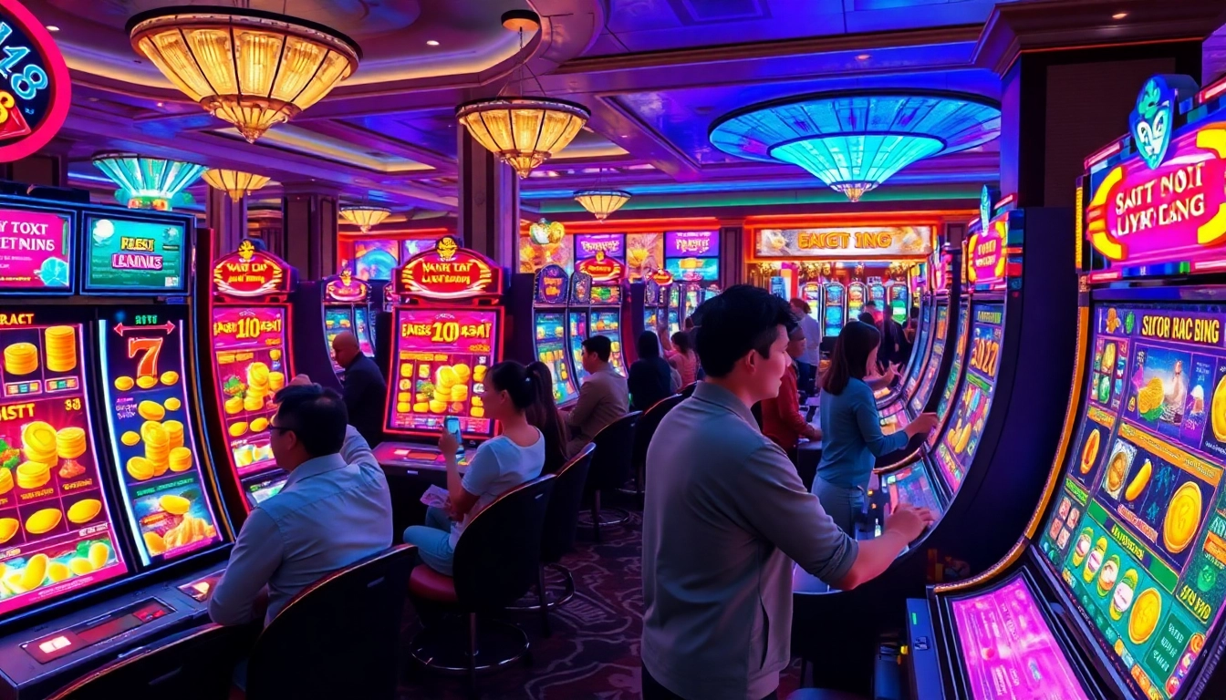 Experience the excitement of nổ hũ xn88 with players passionately engaging in jackpot-winning opportunities in a vibrant casino.
