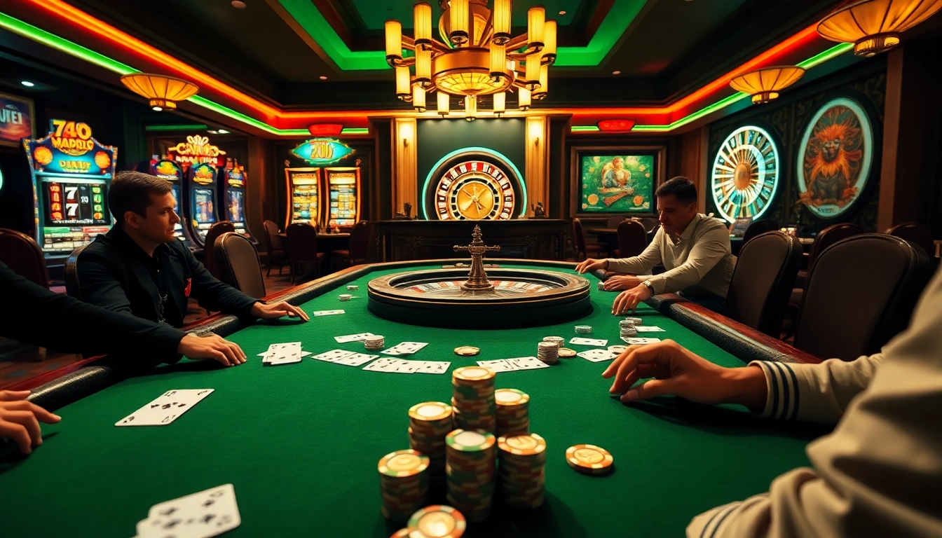 Players enjoying poker at 789club with vibrant slot machines and a roulette wheel in the background.