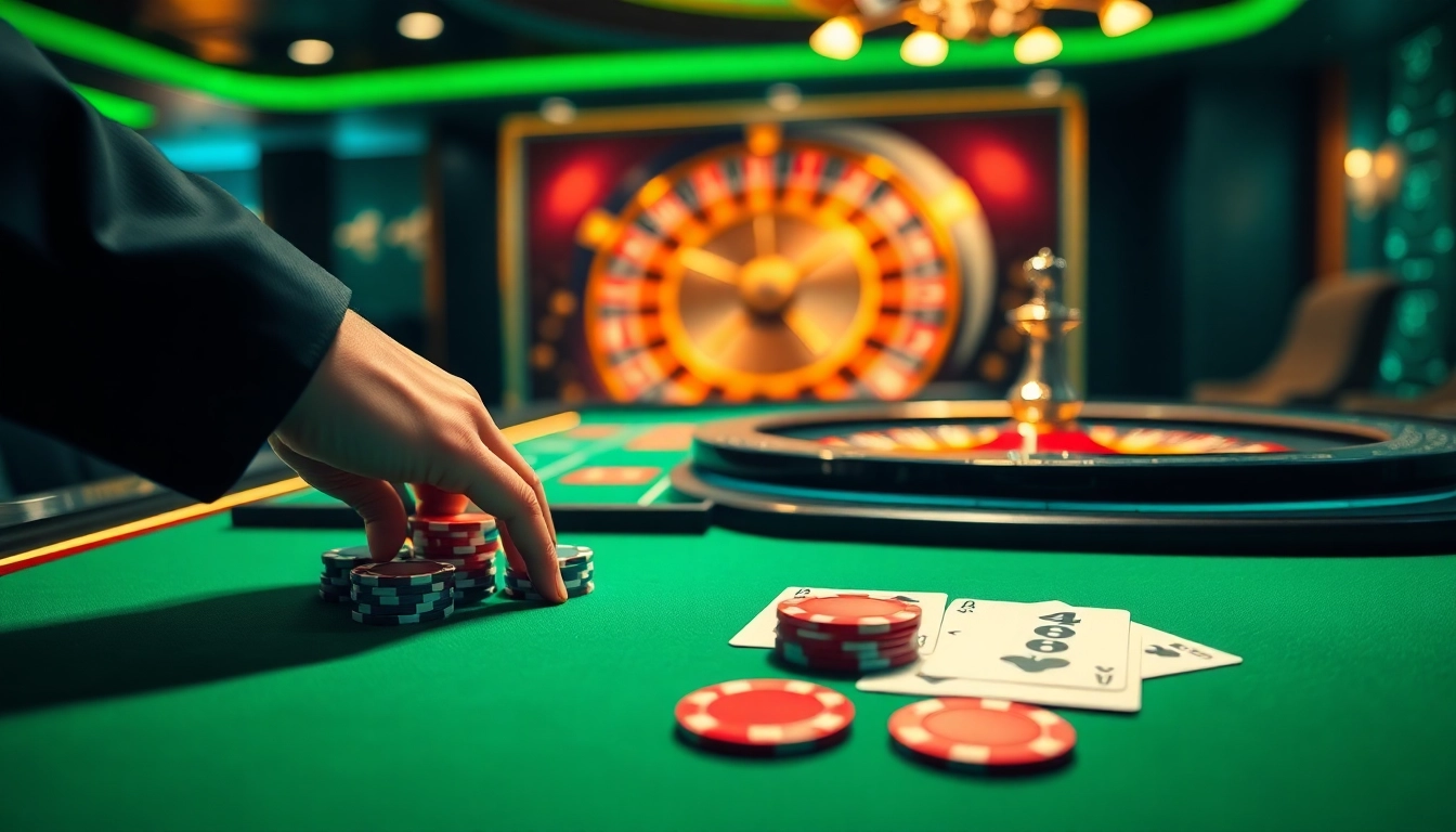 Exciting TP88 gambling action at a luxurious casino table with poker chips and cards.