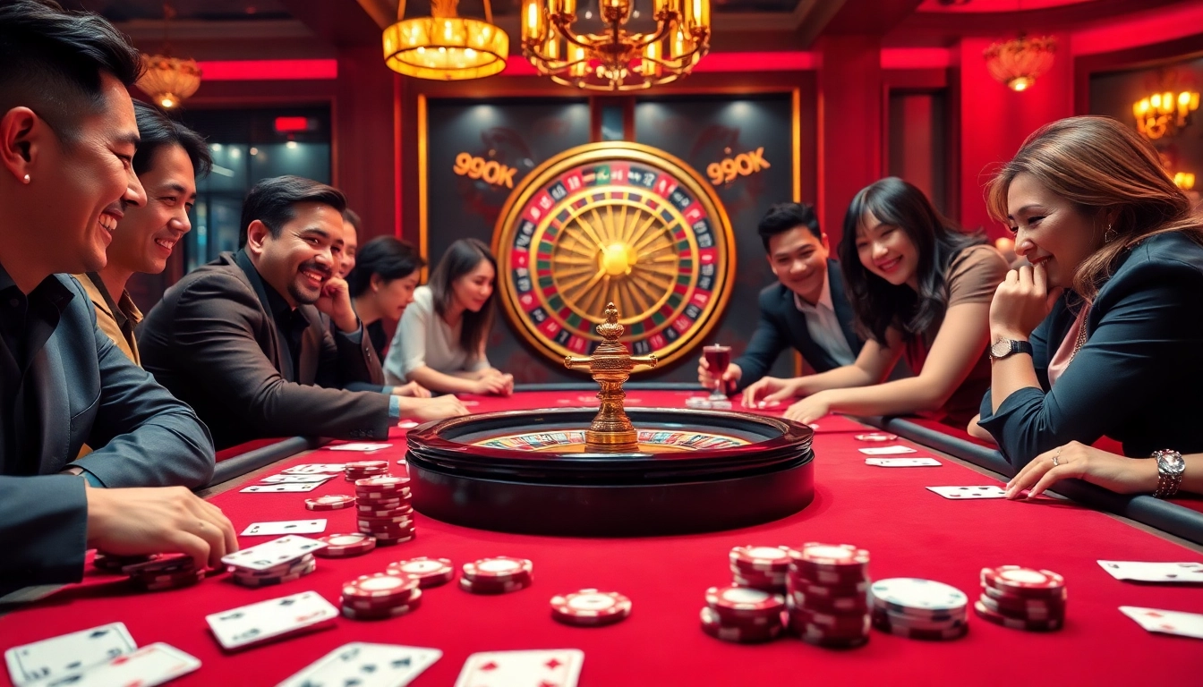 Experience thrilling poker action at 99ok with an elegantly set table and engaged players.