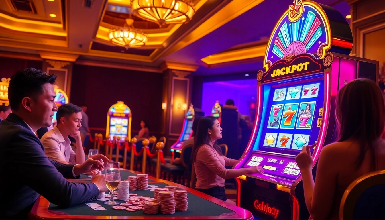 Nổ hũ xn88 players enjoying a vibrant casino atmosphere with slot machines and excitement.