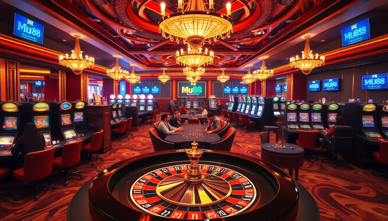 Mu88 players enjoying a thrilling casino experience with slots and poker tables.