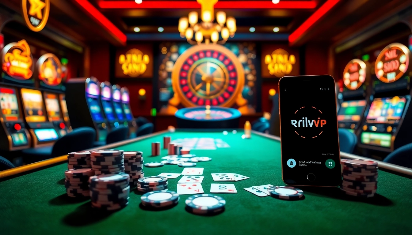 Exciting casino table with rikvip poker chips, inviting players to engage in thrilling online gambling.