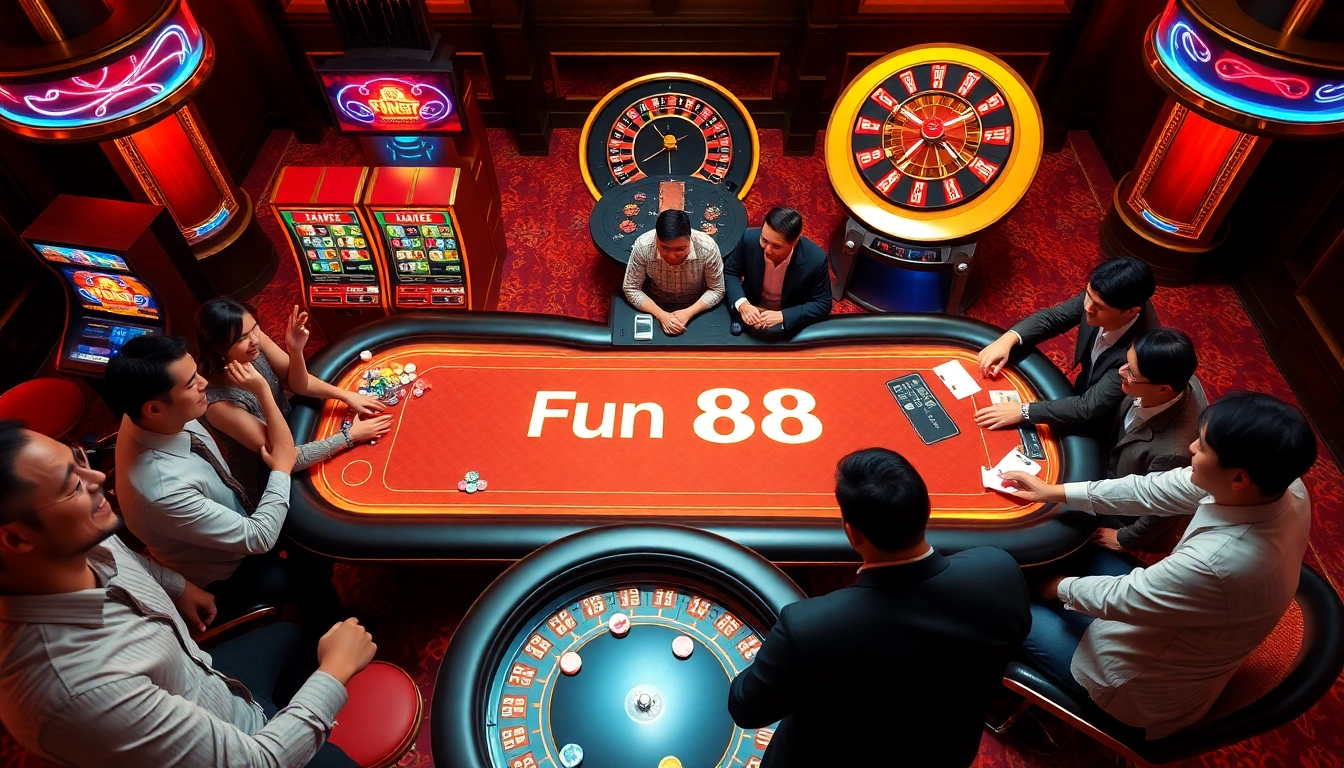 Excited players enjoy high-stakes gaming at Fun 88's luxurious casino table, showcasing vibrant lighting and professional dealers.