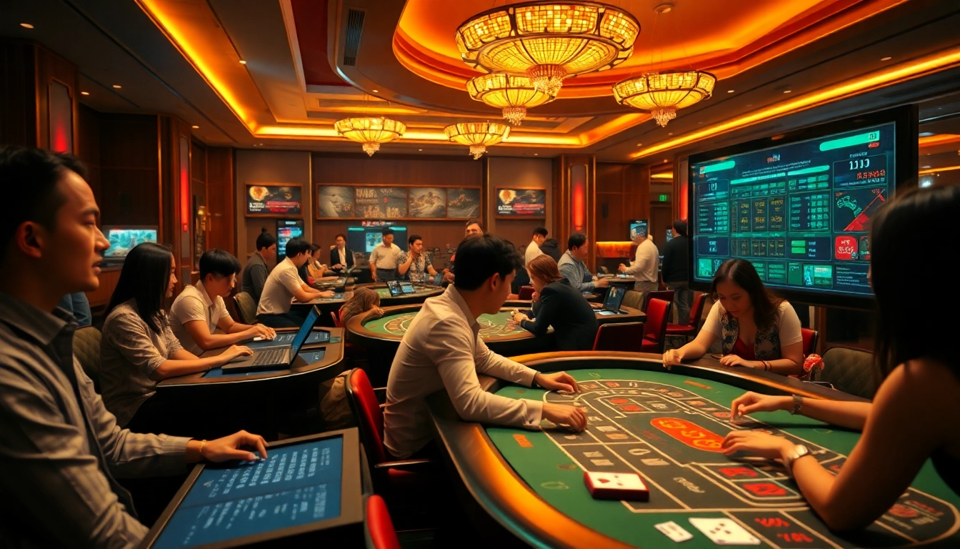 Exciting online gaming scene at w88.nyc showcasing baccarat and blackjack tables with diverse players.