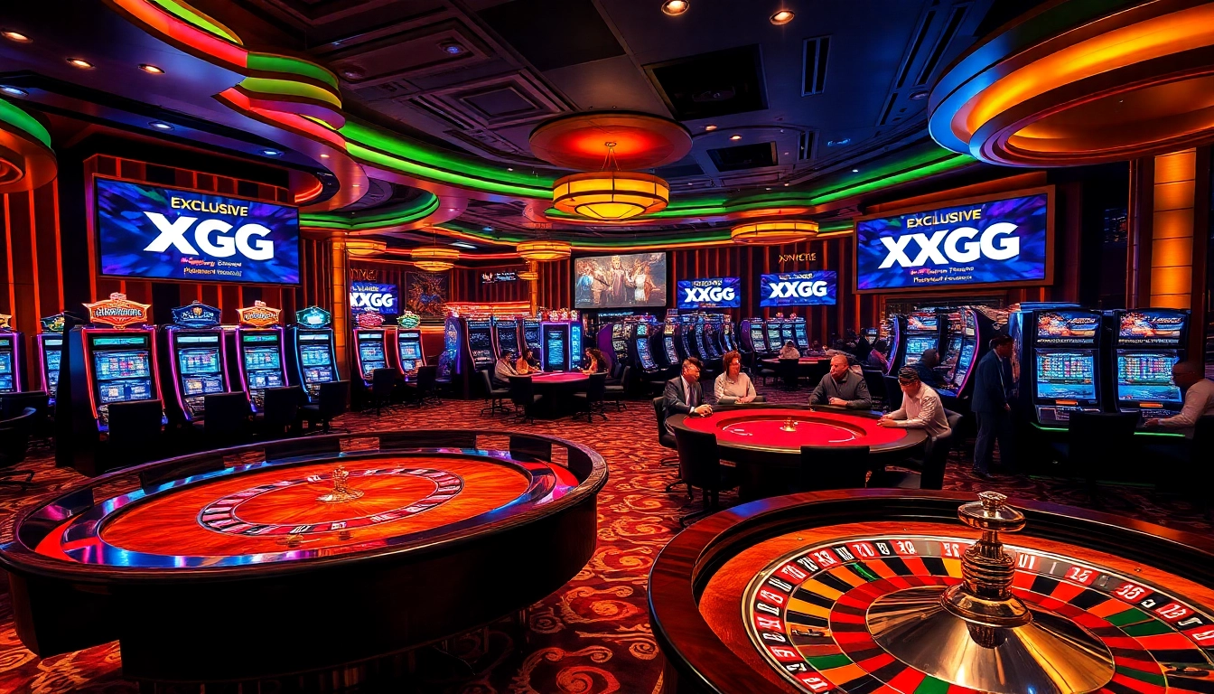 Exciting gambling scene with XXGG branding prominently featured on casino tables and slot machines.