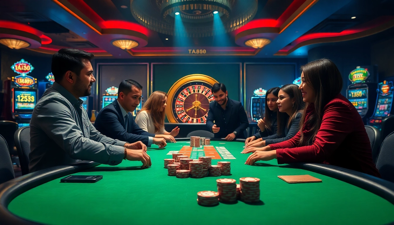 Players enjoying a thrilling Ta88 poker game at a luxurious casino table, surrounded by neon lights.
