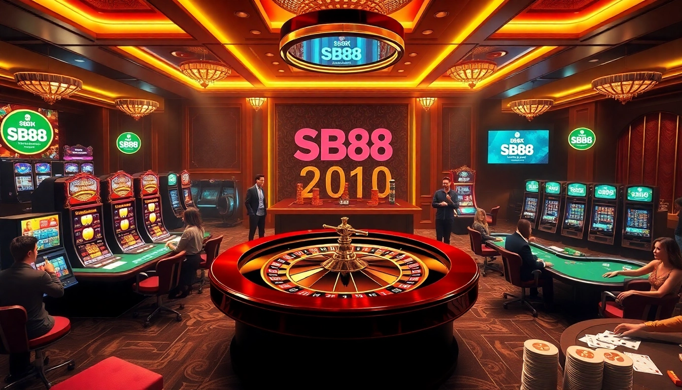 Engage with an exciting casino environment featuring HB88, poker chips, and a roulette wheel.
