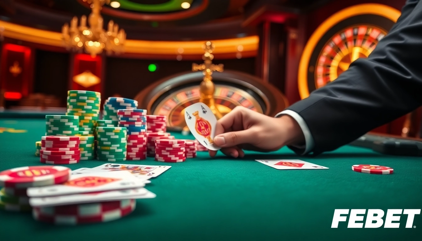 Players experiencing excitement at FEBET poker table with colorful chips and cards.