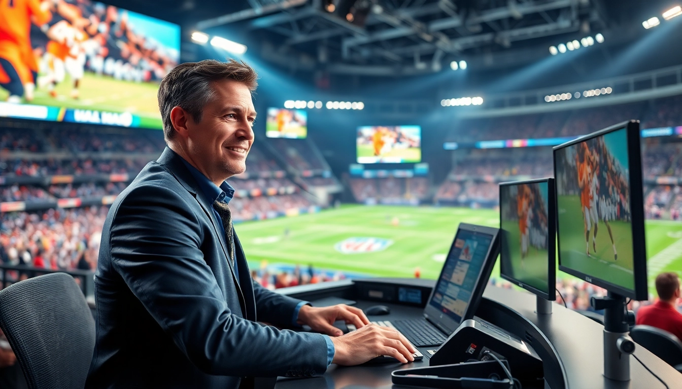 Engaging sports broadcasting setup showcasing a lively announcer at a vibrant sports event.