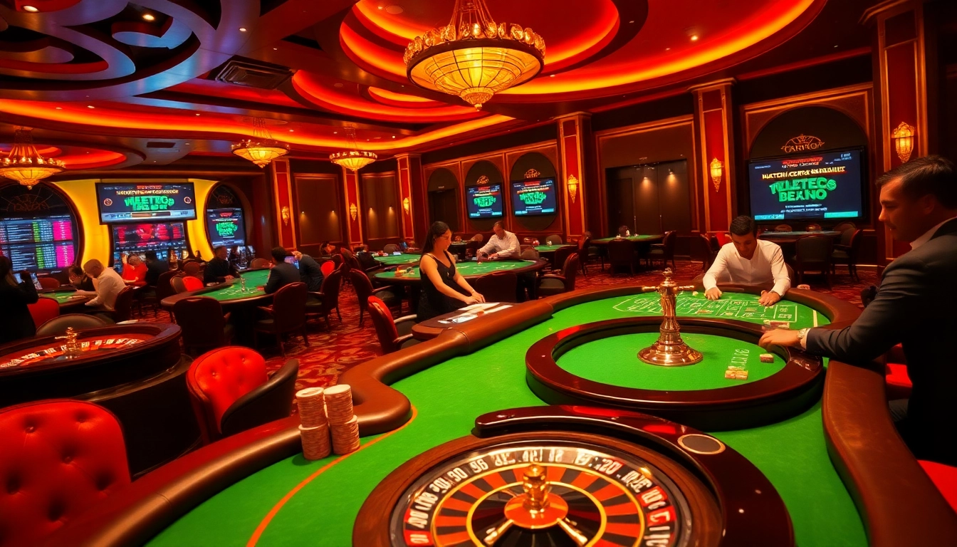 Tylekeo betting scene with players at poker tables, showcasing vibrant casino atmosphere.