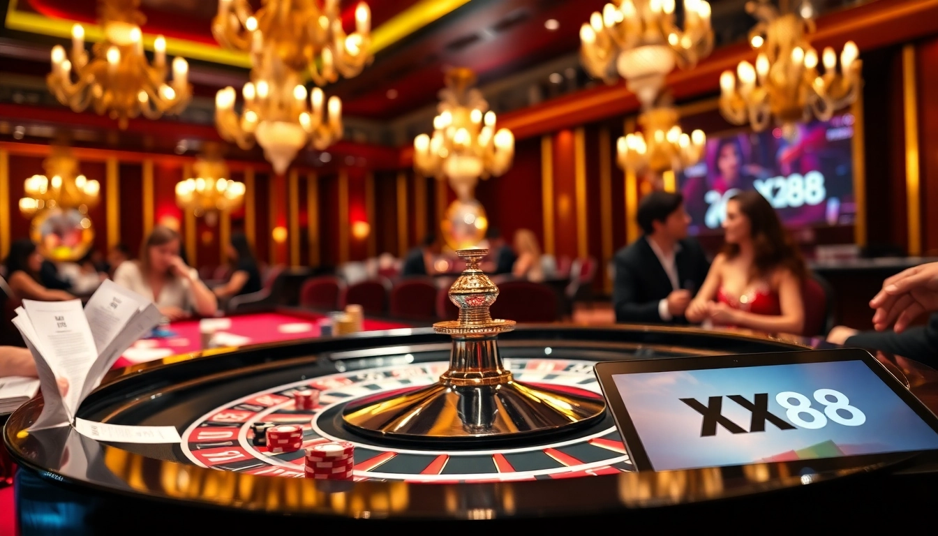 Experience the thrill of gaming at XX88 with a luxurious roulette table and excited players.